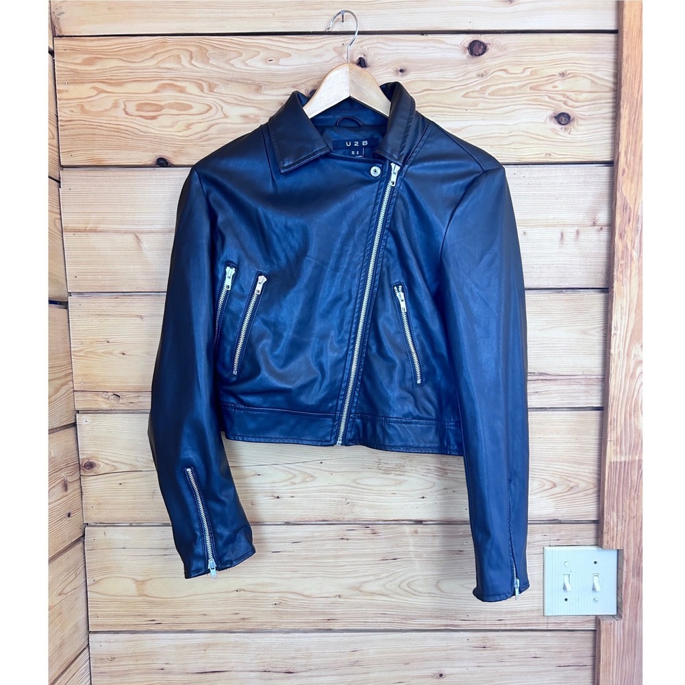 U2B Womens Black Faux Leather Cropped Biker Moto Jacket Size Medium
